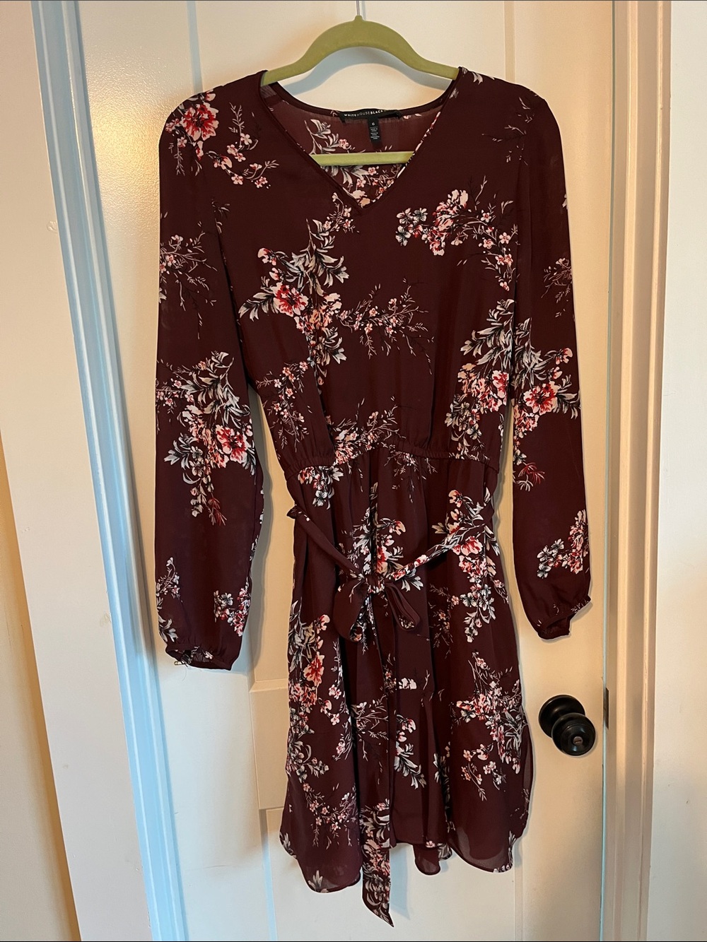 White House Black Market Burgundy Floral Tie-Waist Long Sleeve Dress